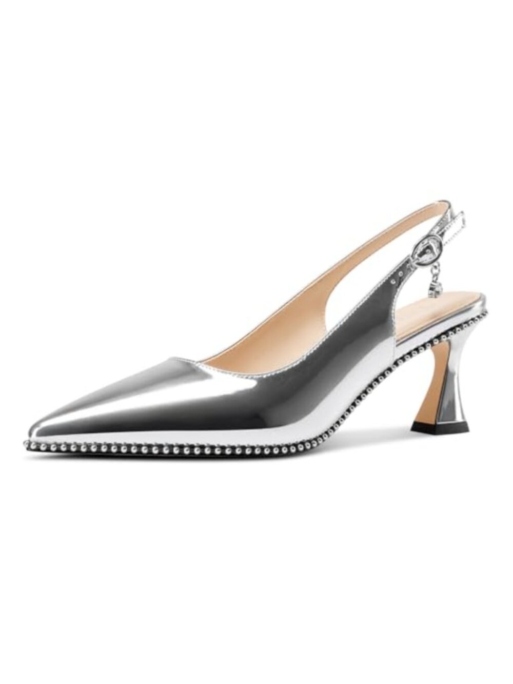 Women's Kitten Heel Pointed Toe Pumps Beaded Slingback Buckle Faux Leather